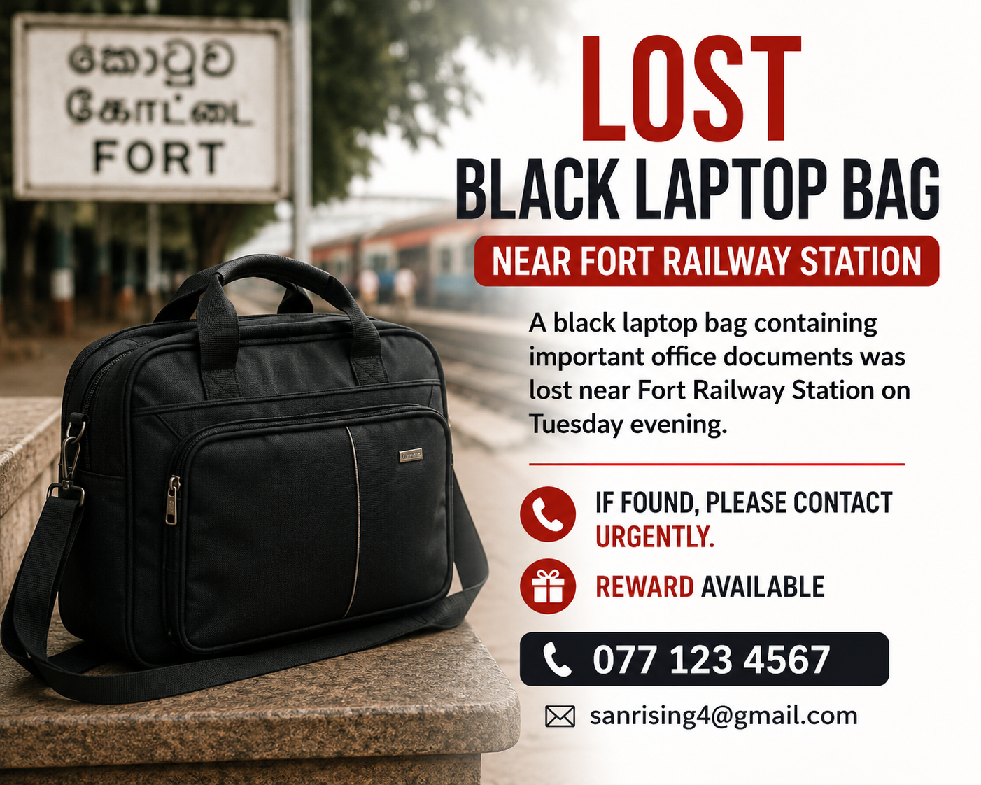 Lost Black Laptop Bag Near Fort Railway Station